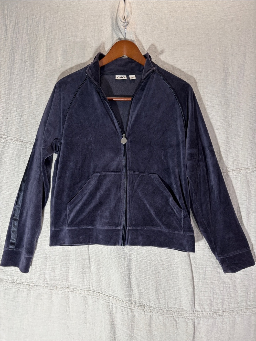 Cato Dark Navy Velour Track Jacket Full-ZipCotton Blend Mock Neck Size Large EUC